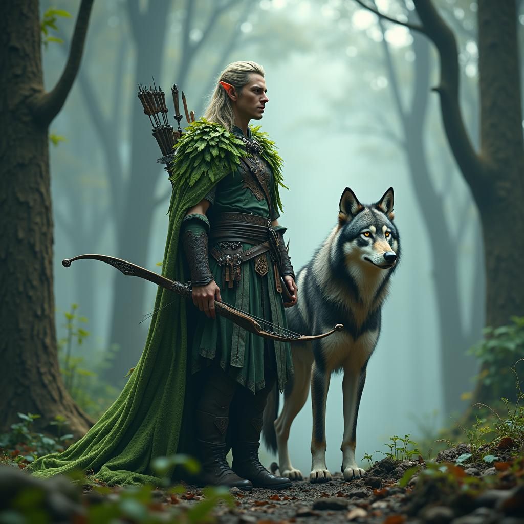 <lora:Dark fantasy realism:1.0> male elf in a misty forest, wearing armor and cloak made of green leaves wielding a bow, flanked by his wolf...
