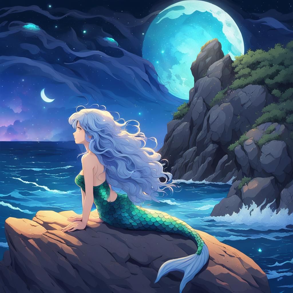 A beautiful young mermaid resting in a big rock, curvy body,...