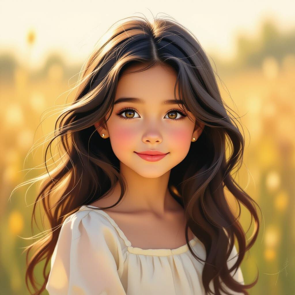 Beautiful Girl with Long Hair in Golden Sunlight