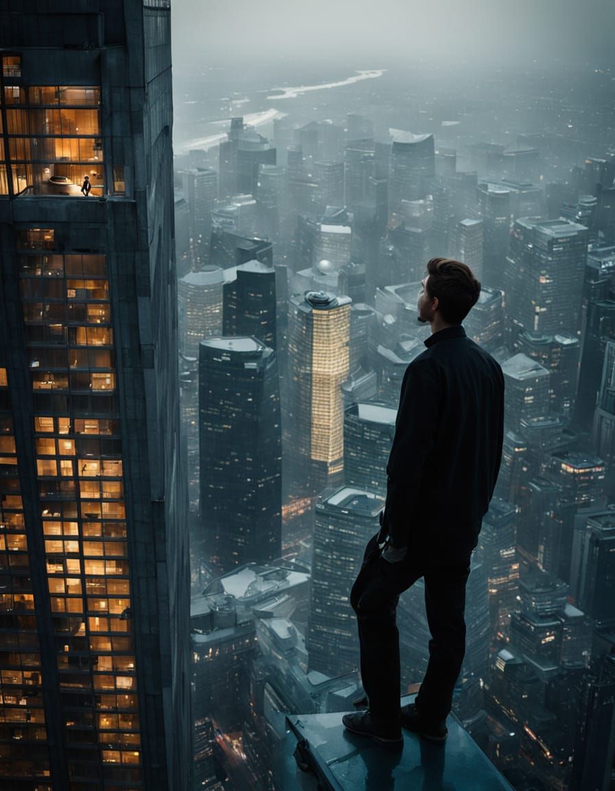 A figure looking down from a skyscraper edge.  by @NMZ 