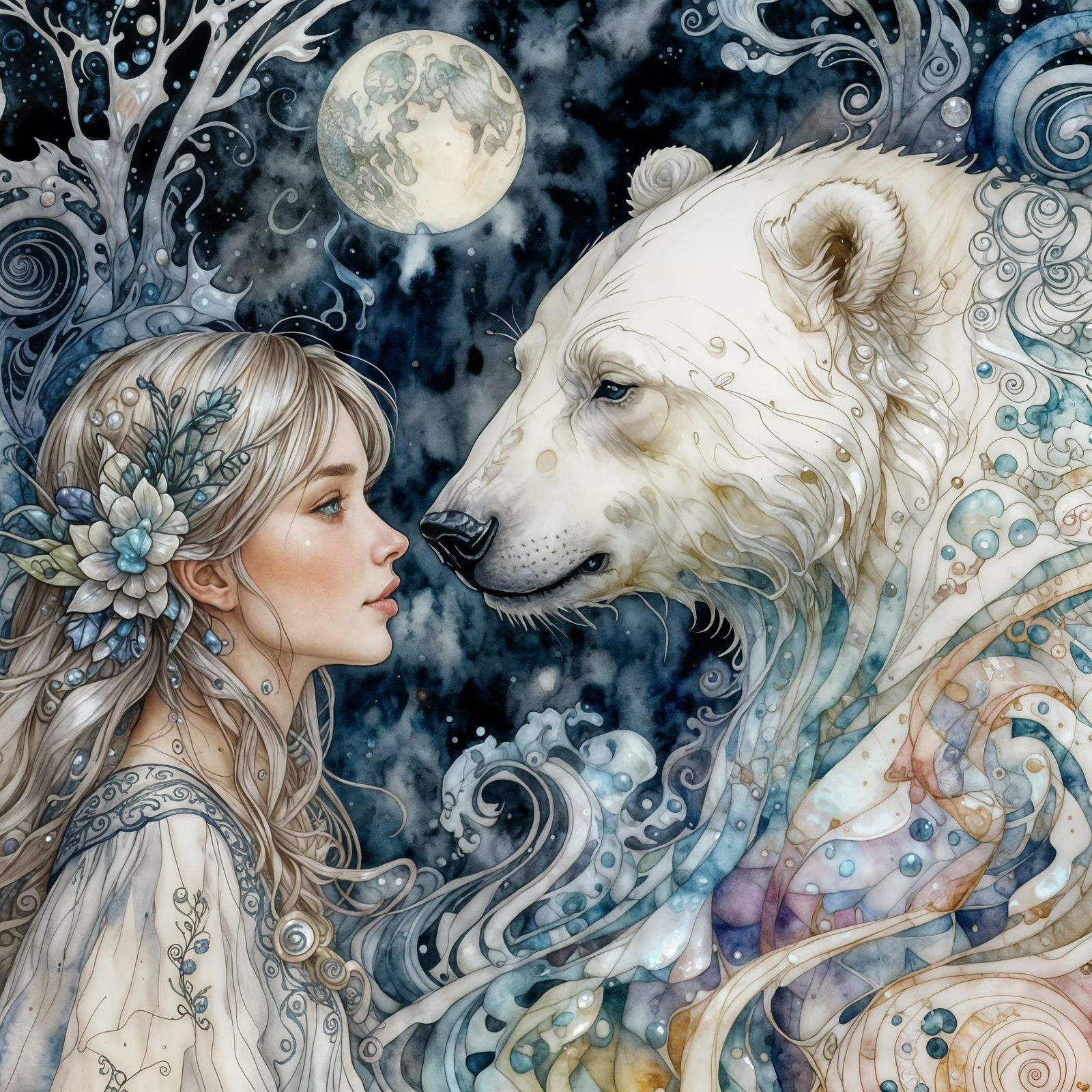 watercolor illustration ;alcohol ink,  opalescent mother of pearl  fractal; wave function; Zentangle; ...  by @Petra Bone