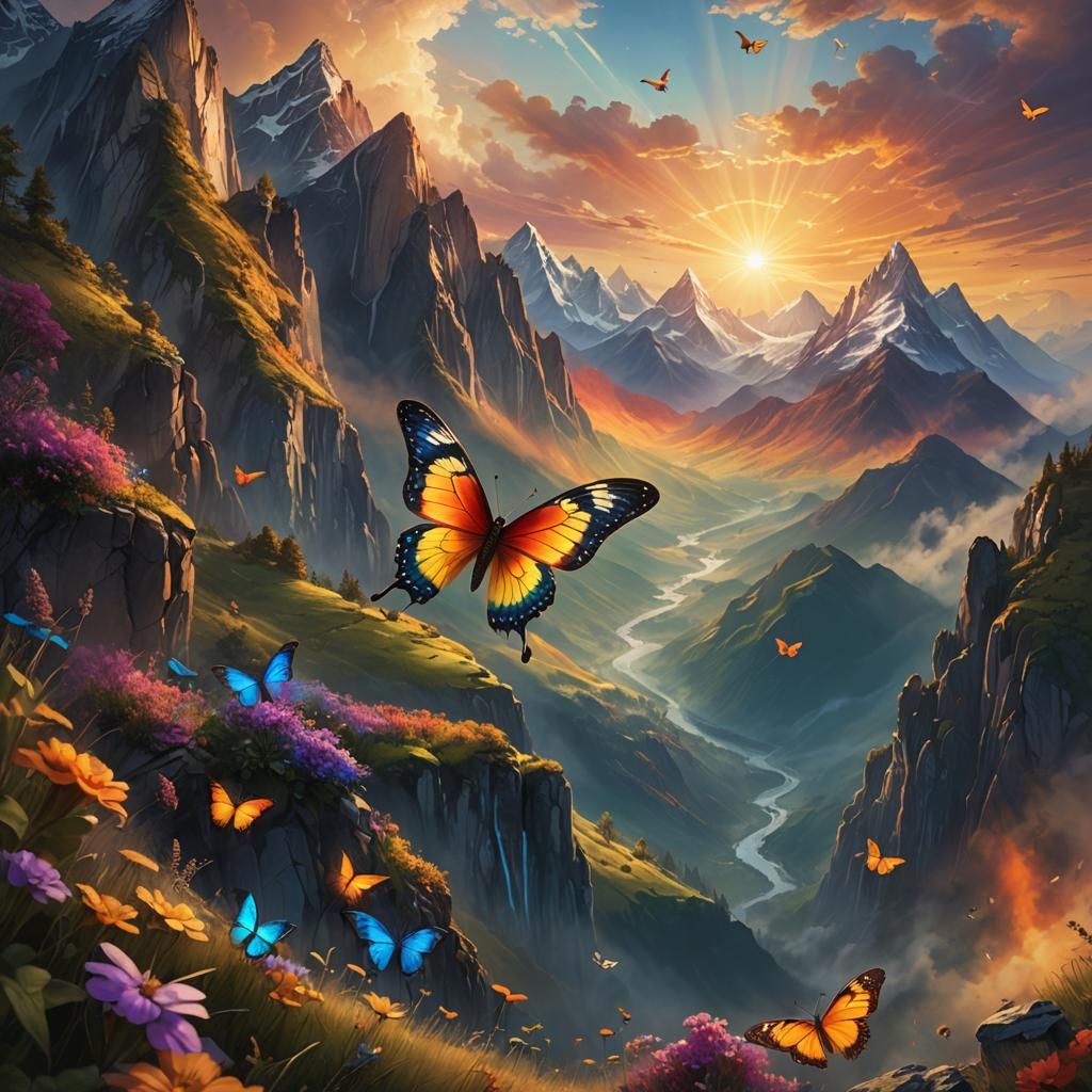 rainbow butterfly with sunset background over the mountains