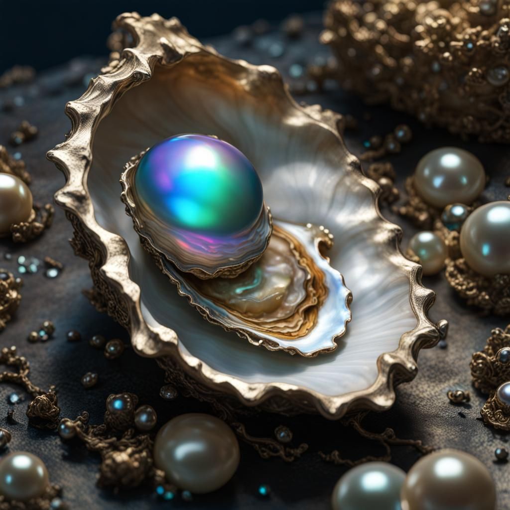 oyster with iridescent pearl  by @Harmanna