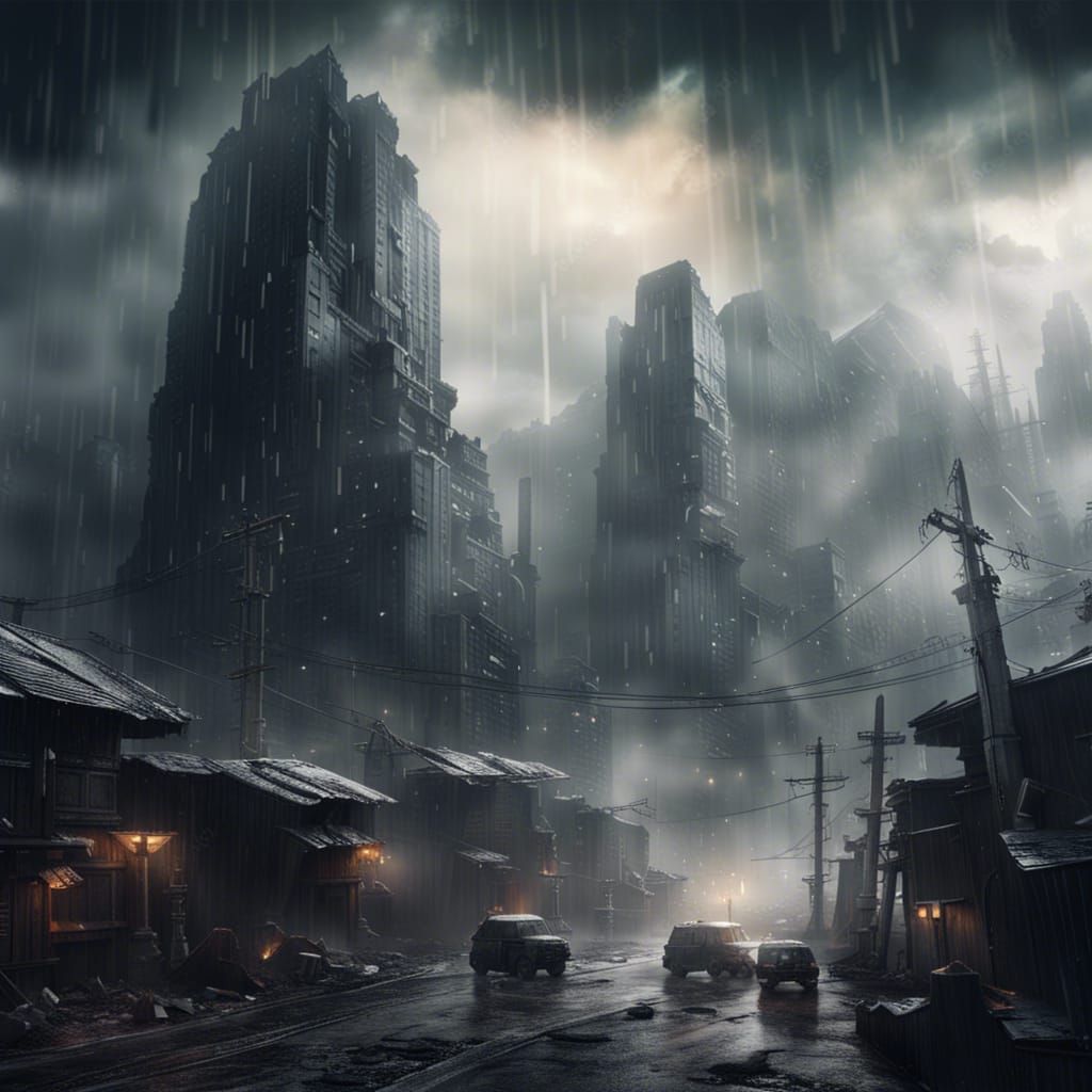 Ravaged city, depths of darkness and rain. - AI Generated Artwork ...