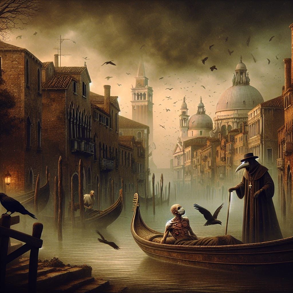 Venice in fog with canals with a gondola gliding along with ...