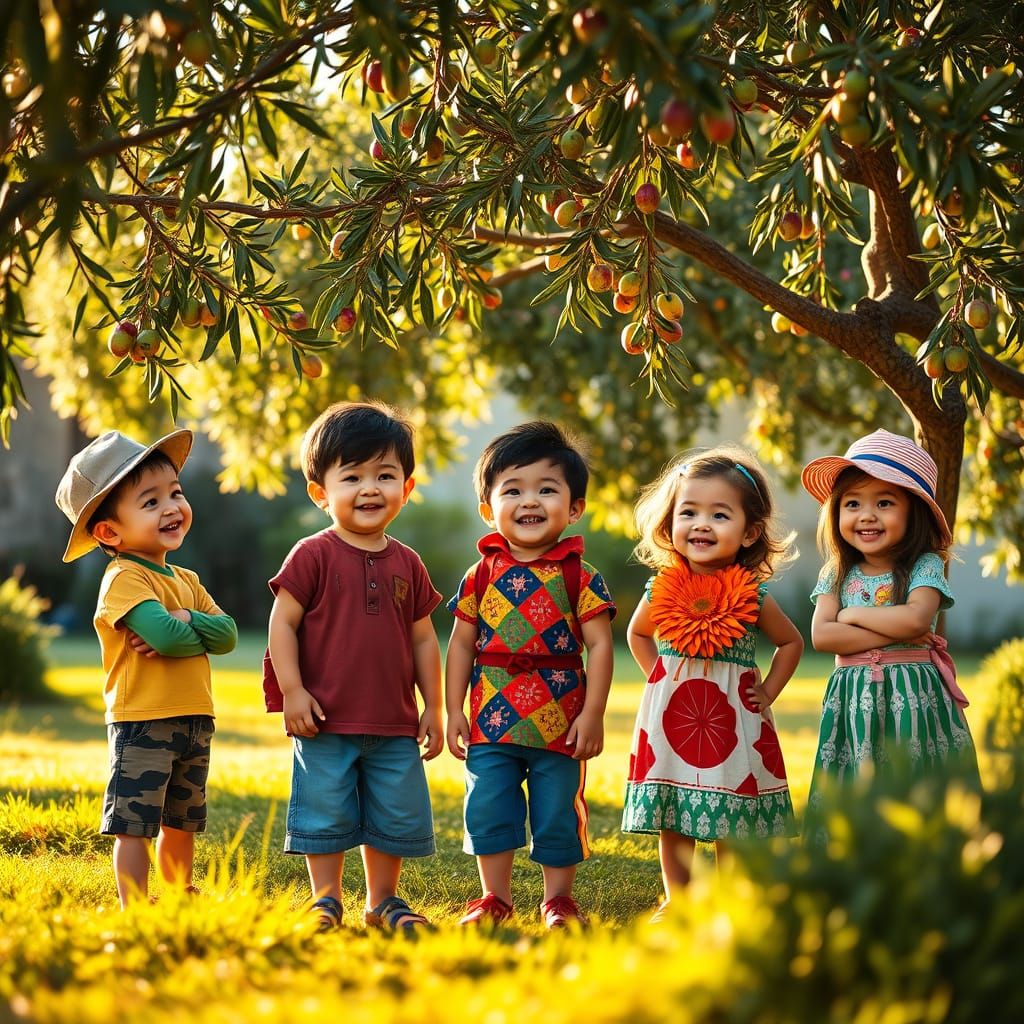 Diverse Children Share Greetings Under Olive Trees