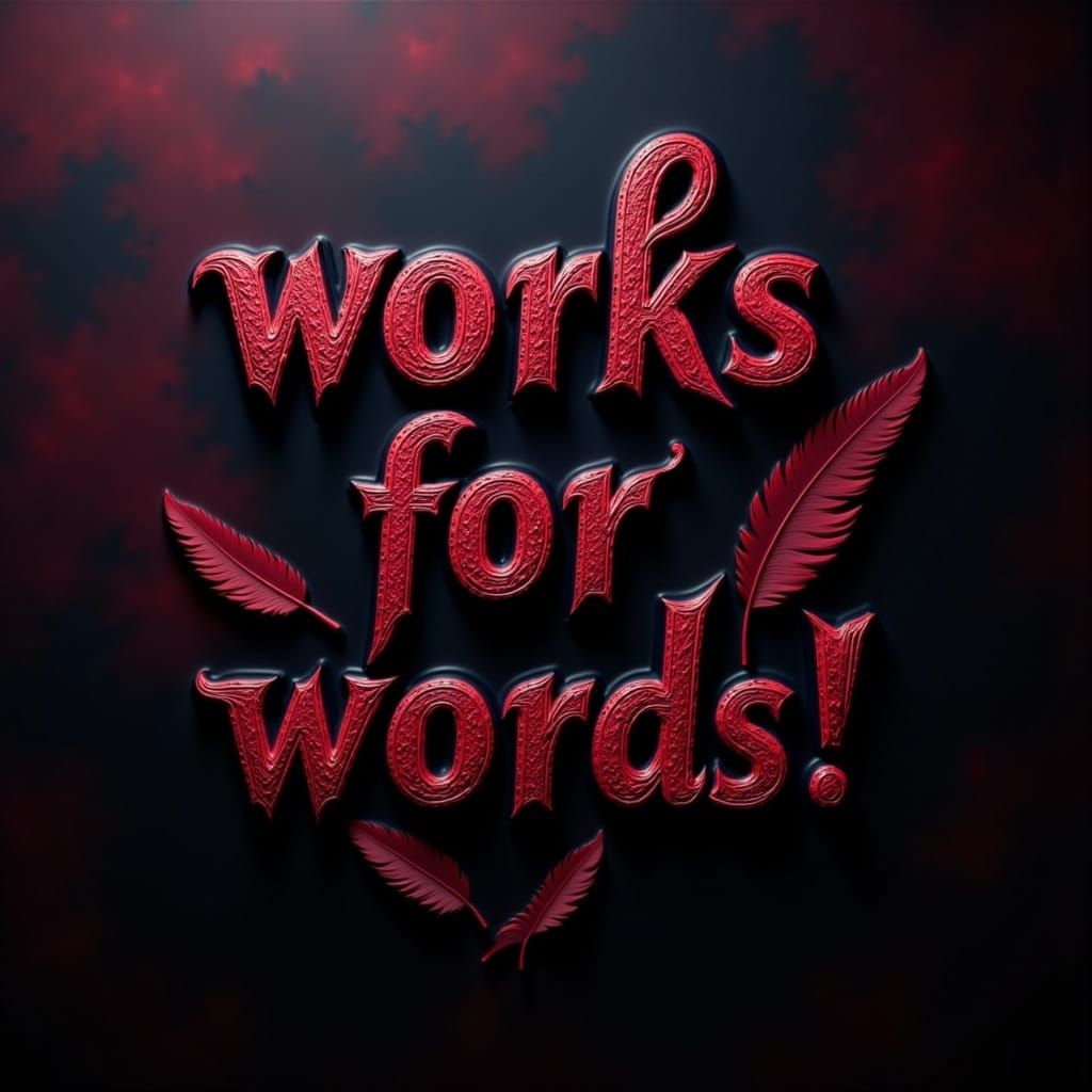 the words "works for words!" written in black and red feather texture  <lora:Black-Red Textures:1.0>