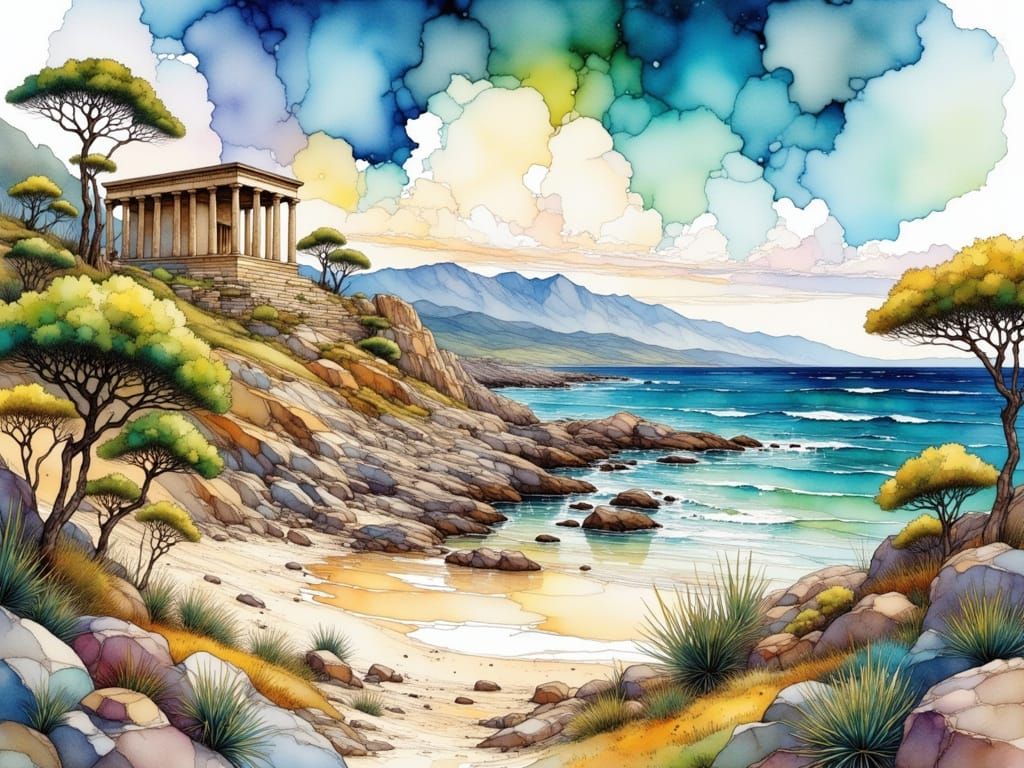 Ancient Greece Temple Landscape in Watercolor and Ink