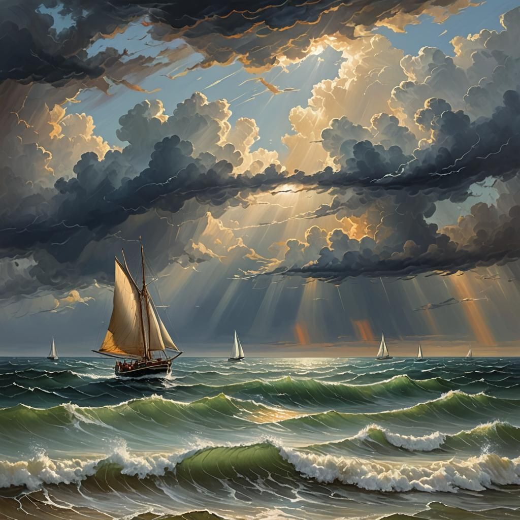 A calm seascape under a stormy sky.  by @Yapay Dusler