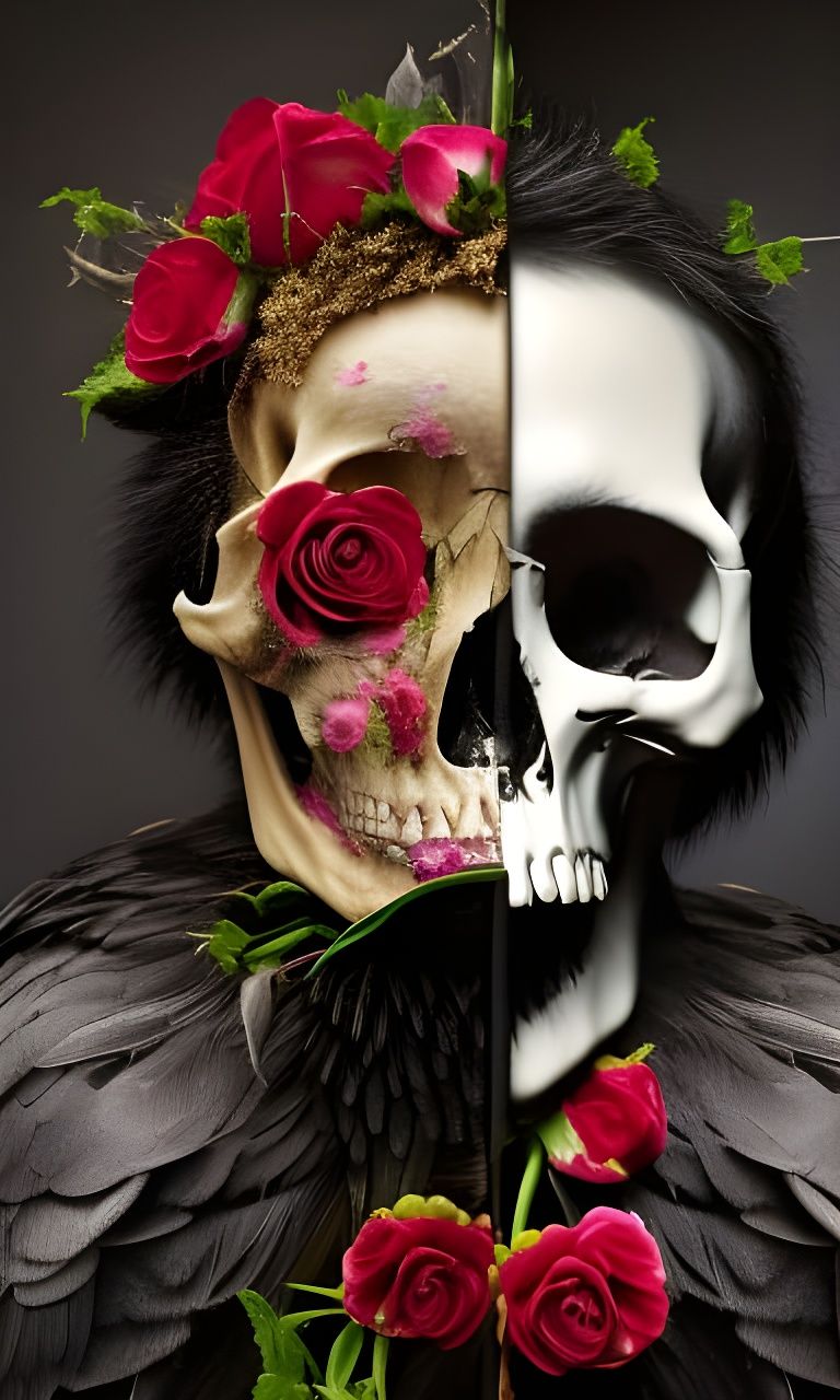 Insanely detailed image of a crow on top of a skull with ros...