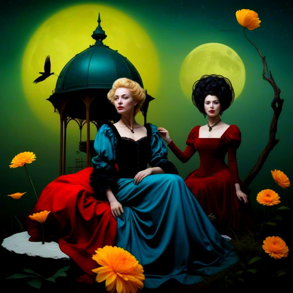 Mystical Moonlit Lady in Emerald Skies