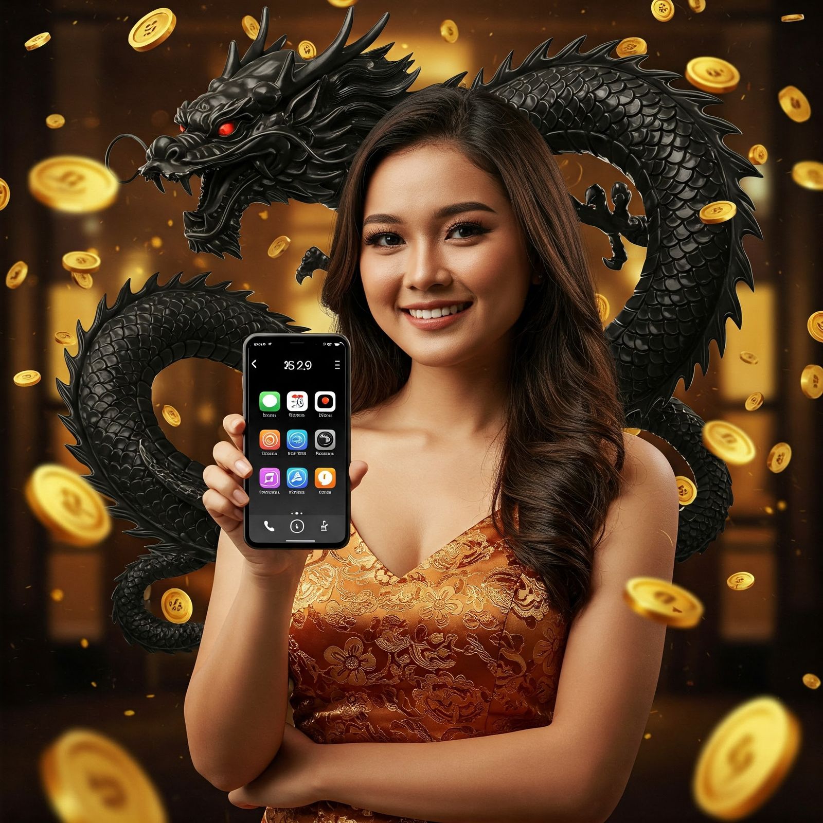 Indonesia Woman, Black Dragon & Coins