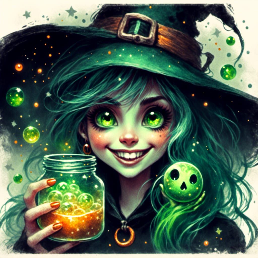  <lora:Face Fusions:1.0> A close-up of a friendly witch with glowing green eyes and a mischievous grin, holding a bubbling potion.
