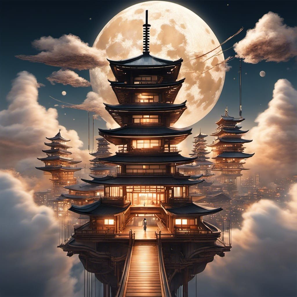 Japanese metropolis in the clouds, unique shapes, intricate details, bathed in the glow of an ethereal ...  by @GLB