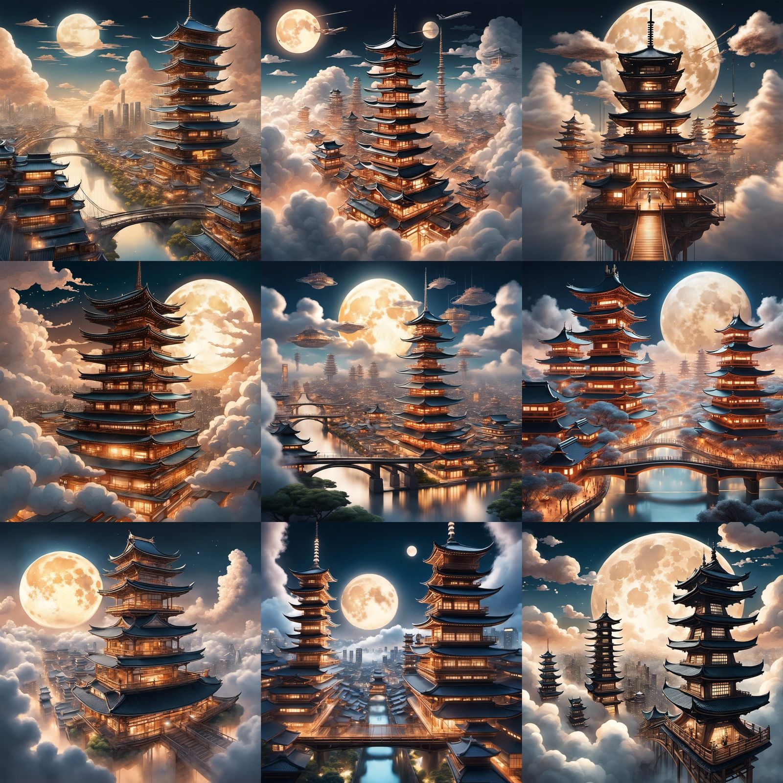 Japanese metropolis in the clouds, unique shapes, intricate details, bathed in the glow of an ethereal moon, fantastical...