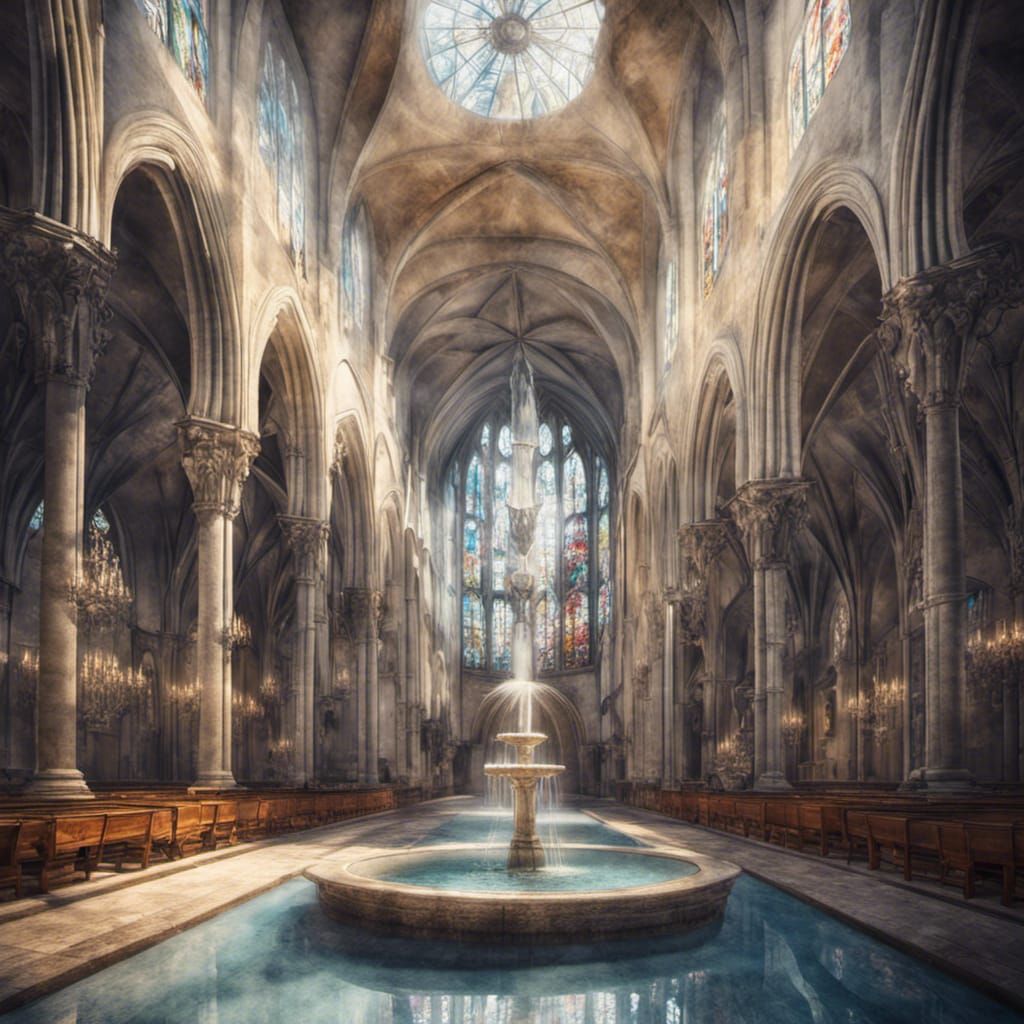 inside an old cathedral with fontain  by @ImageMix