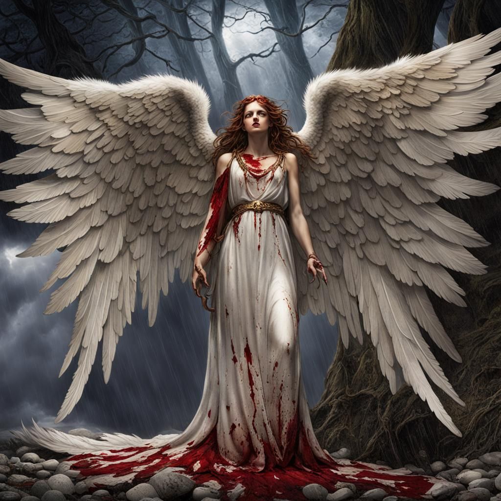 A decaying, dirt and blood stained angel with broken wings lays on her ...