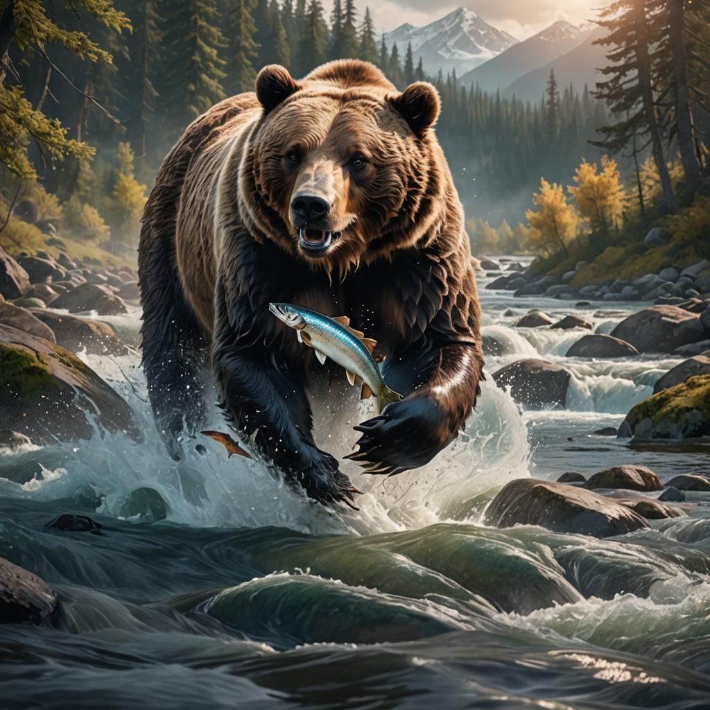 8k grizzly bear catching salmon focused on a river, beautifu...