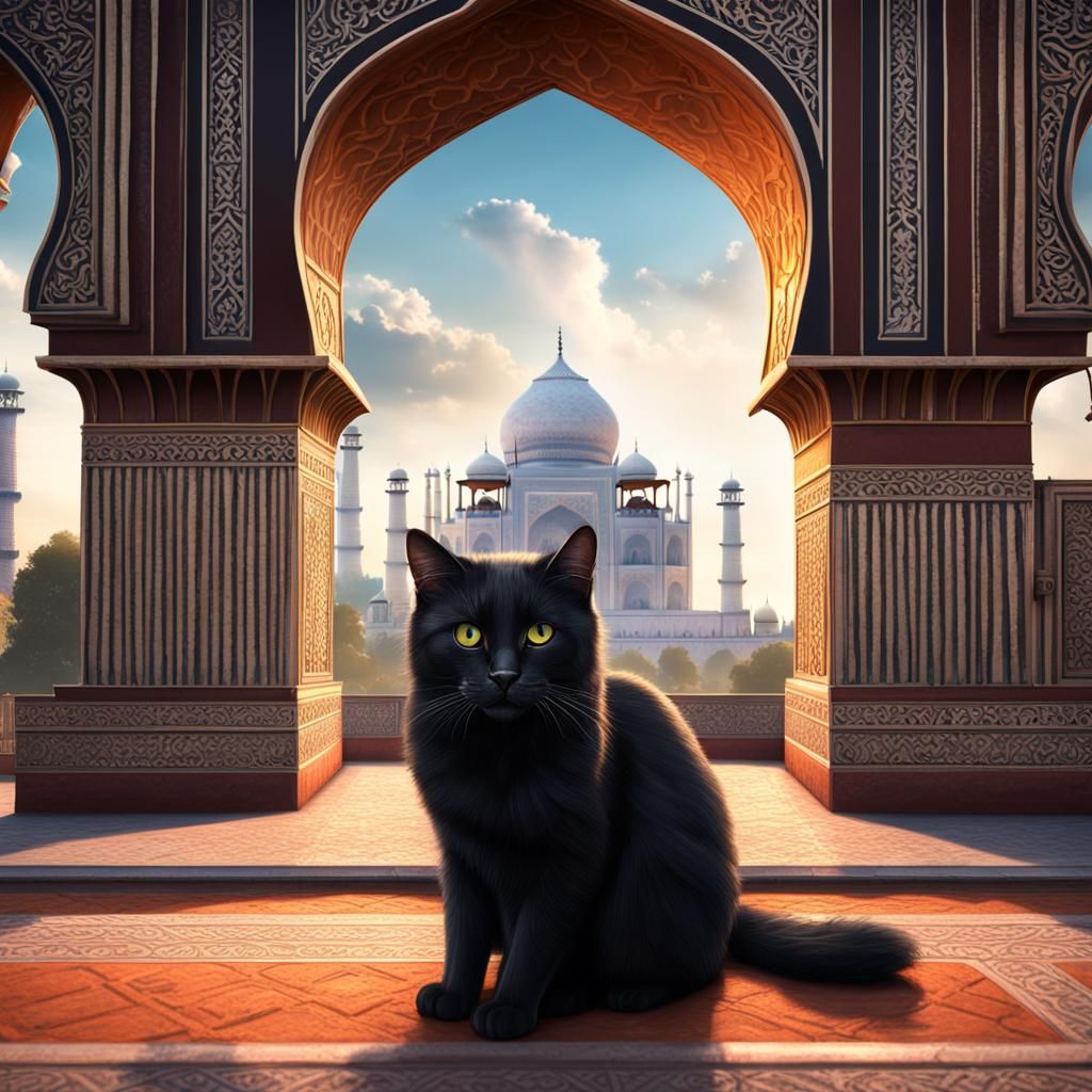 fluffy black cat next to taj mahal
