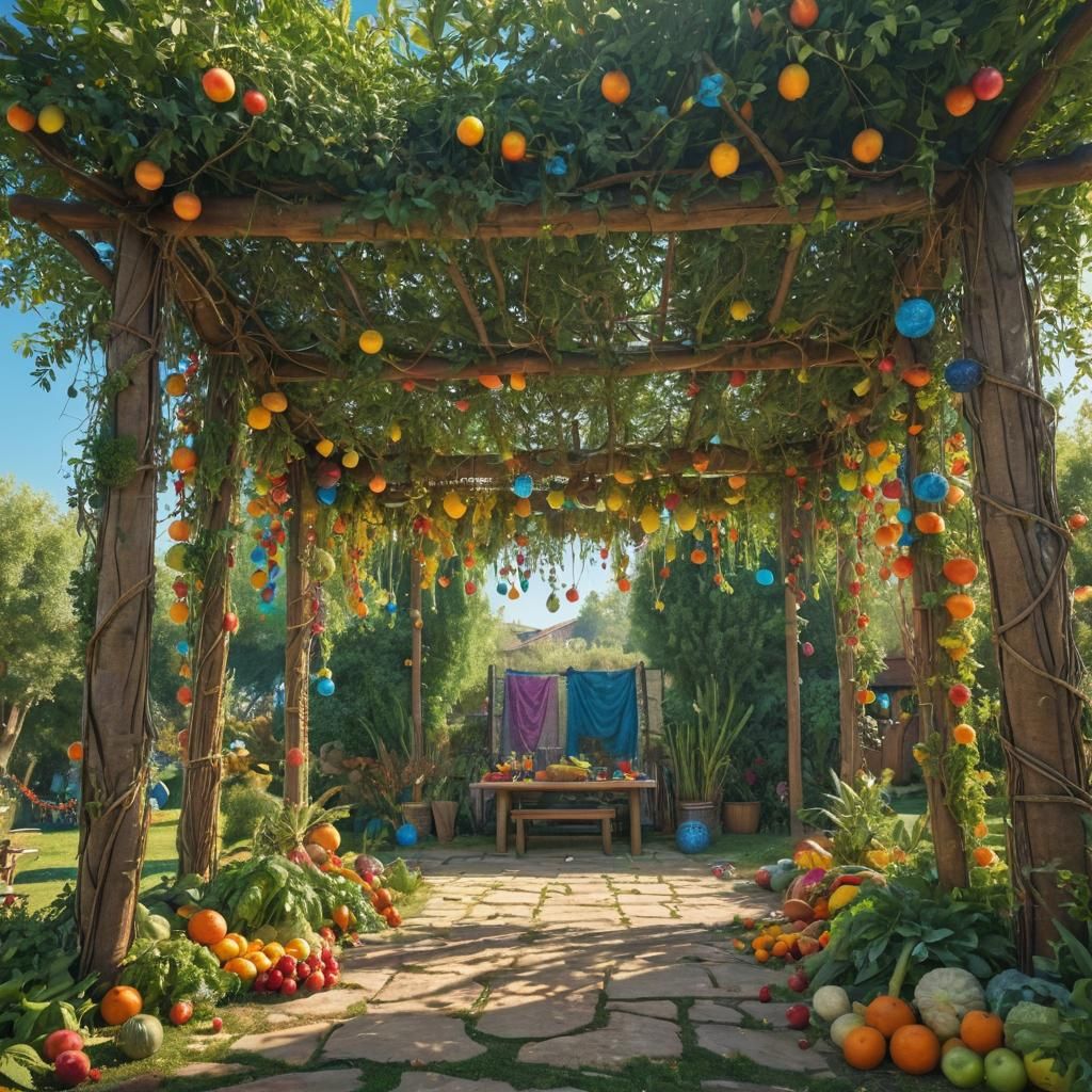 Colorful Sukkah Between Green Trees, Fantasy Art