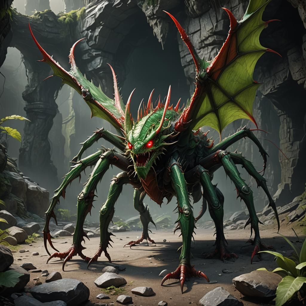 Giant hybrid green dragon with spider legs and without wings...