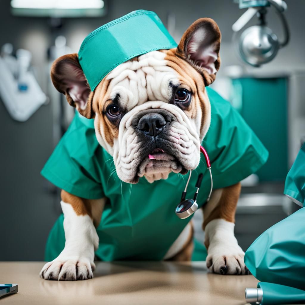 Picture of a bulldog in medical scrubs performing surgery