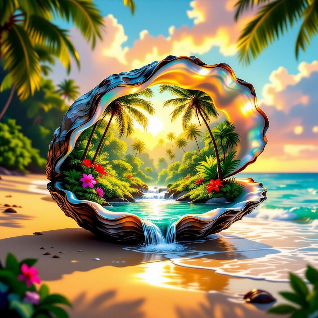 Tropical Rainforest Inside Oyster Shell: Digital Art Paradis...