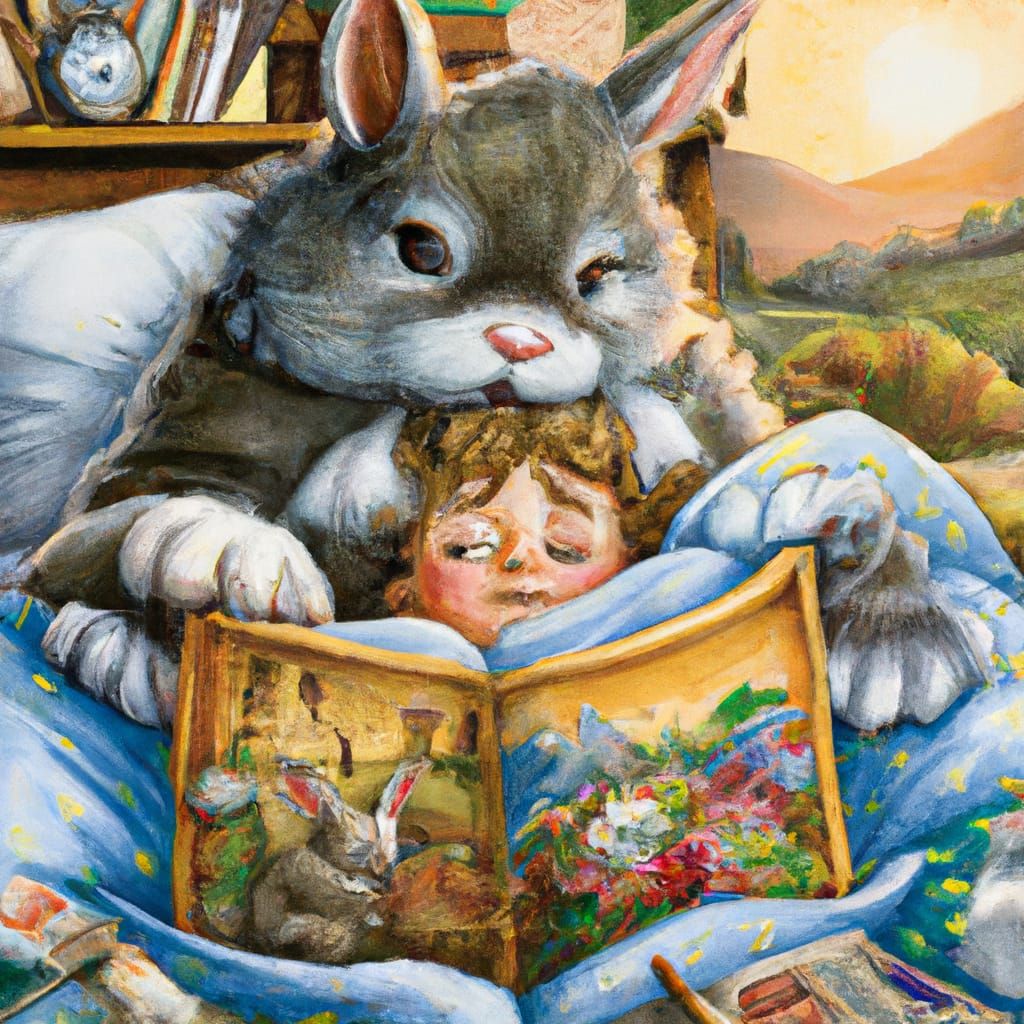 Adorable fluffy rabbit cuddled in bed and mother cat reading...
