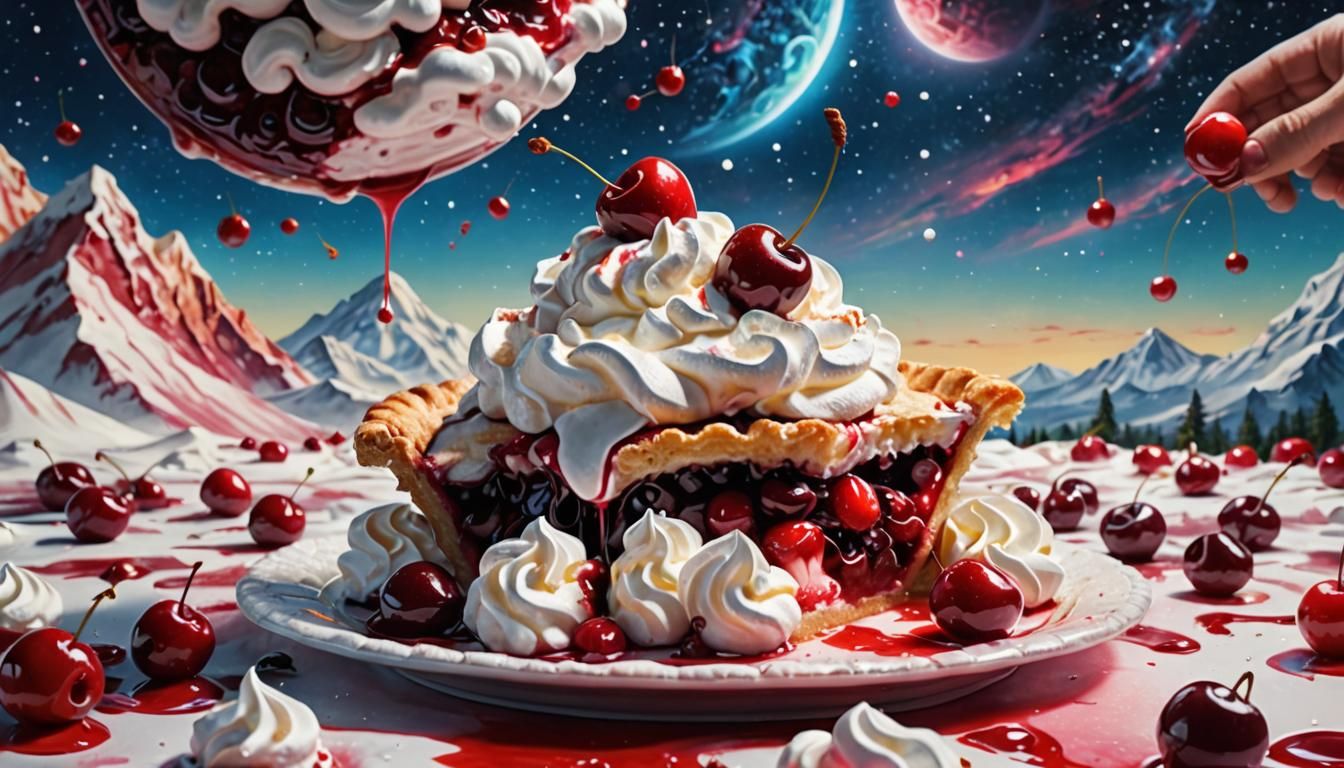 a person eating cherries floating in a dreamy, cosmic landscape of fresh whipped cream, with a cherry ...  by @ih432