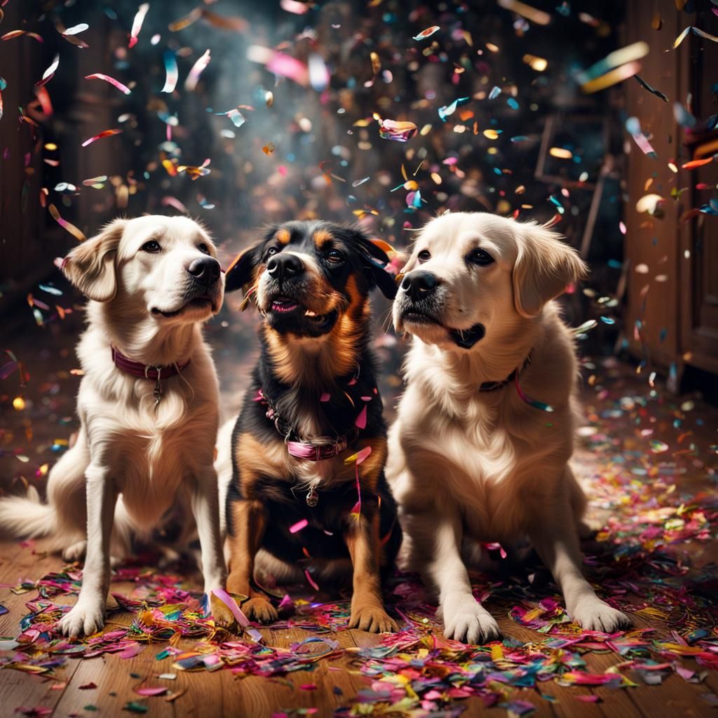 Three dogs popping confetti