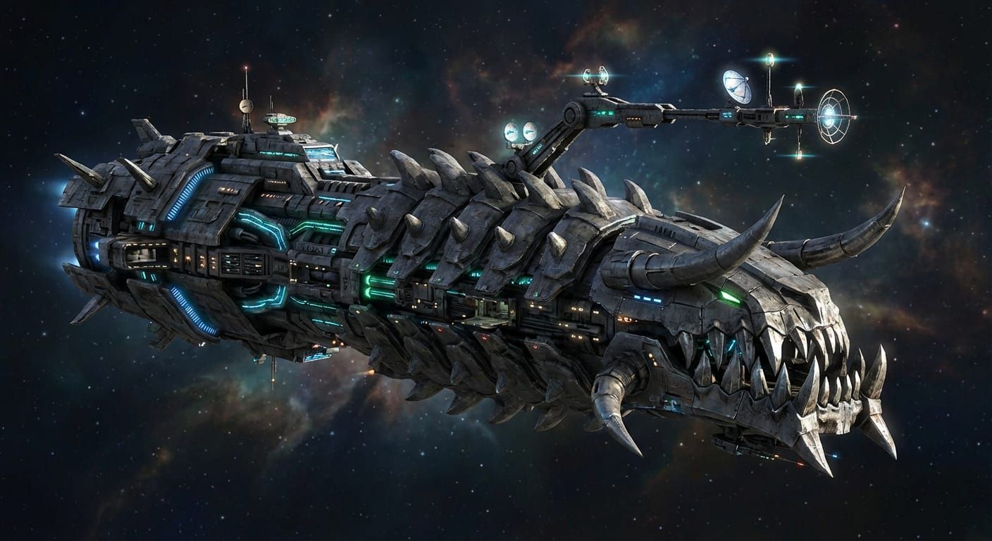 A monumental deep-space flagship with a predatory silhouette