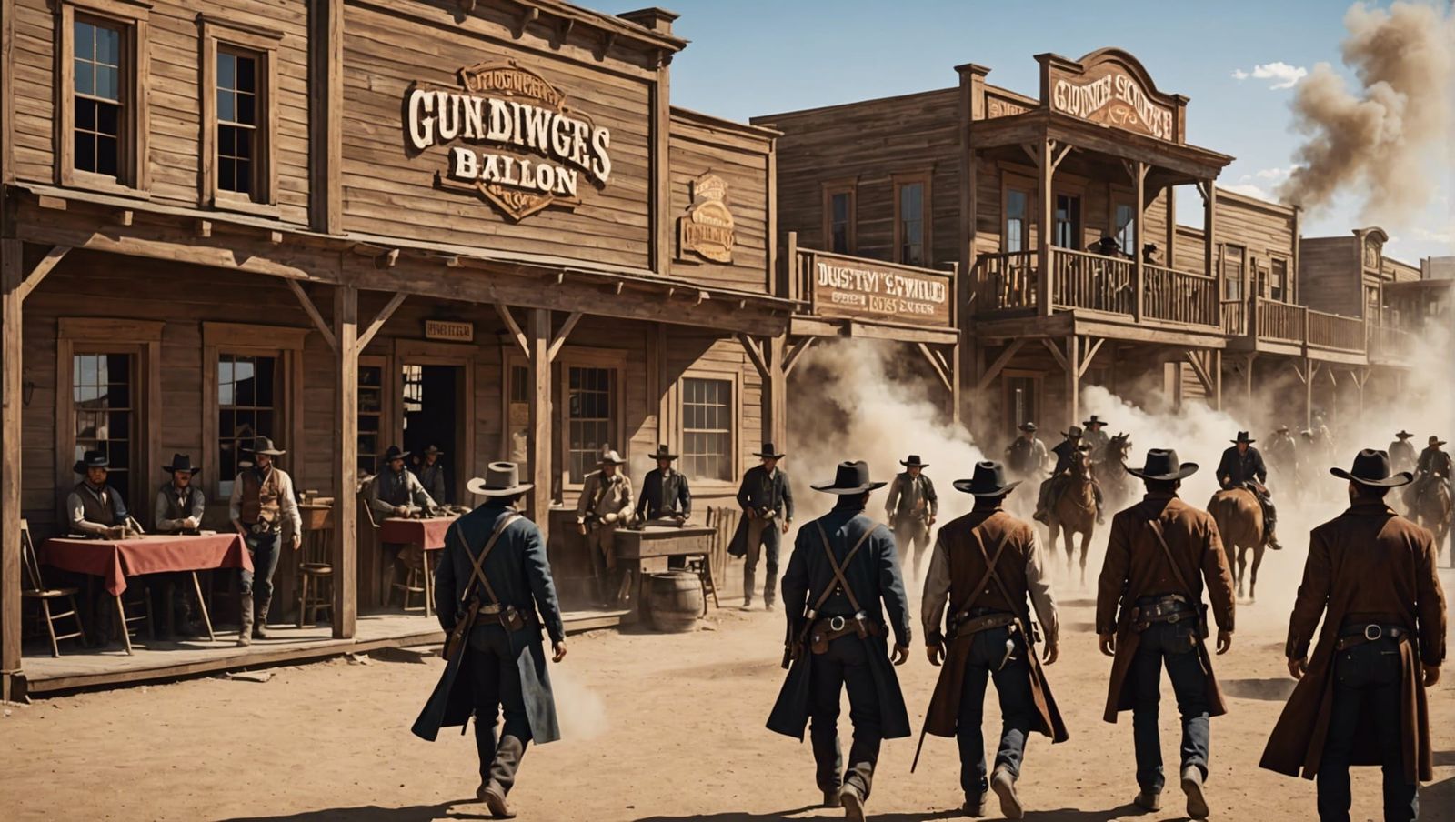 Dusty bustling saloon Wild West, gunslinger , dueling cowboy...