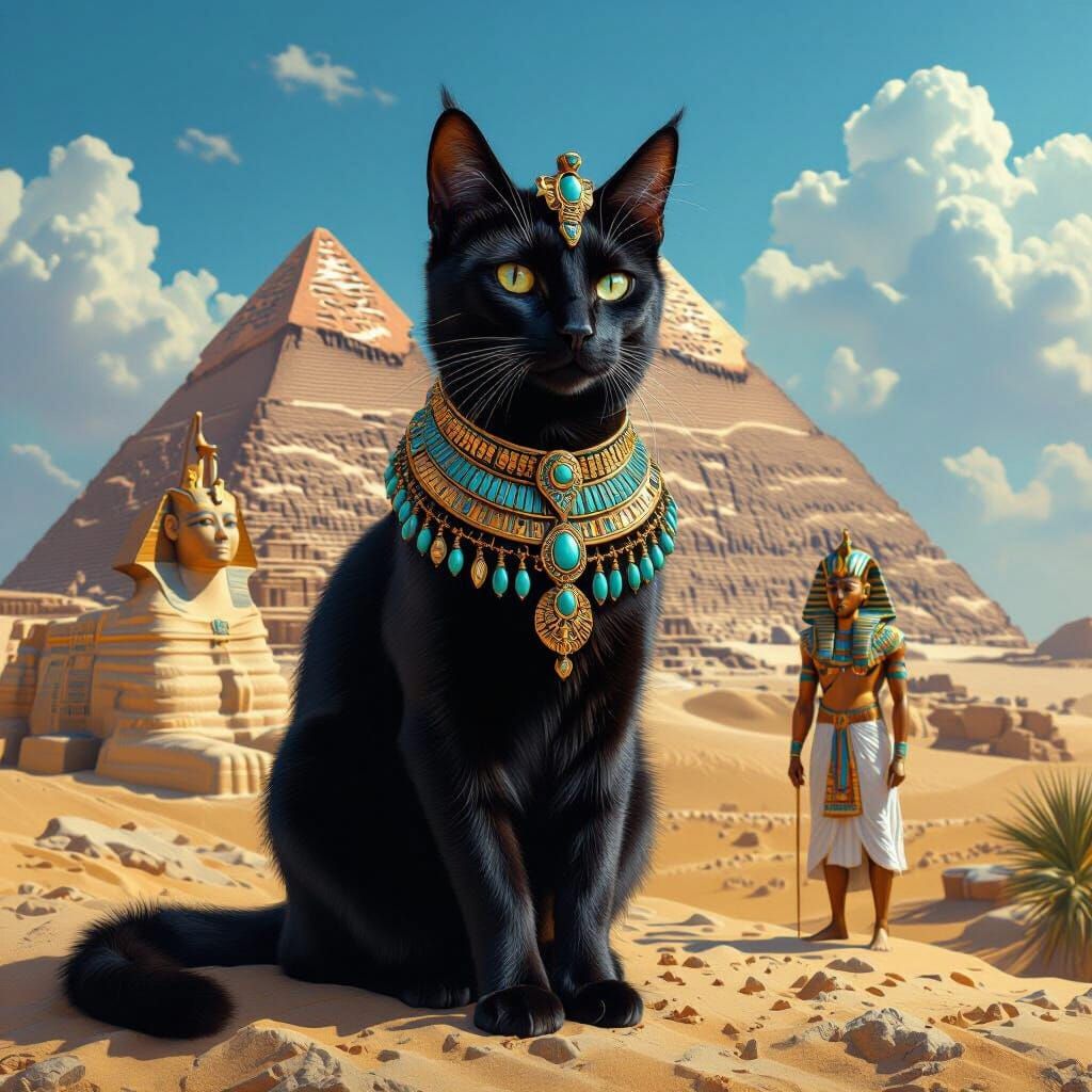 Standing guard at the base of the Egyptian pyramids of Giza, with the Sphinx in full view, sits a black cat, bejewelled in turquoise necklac...