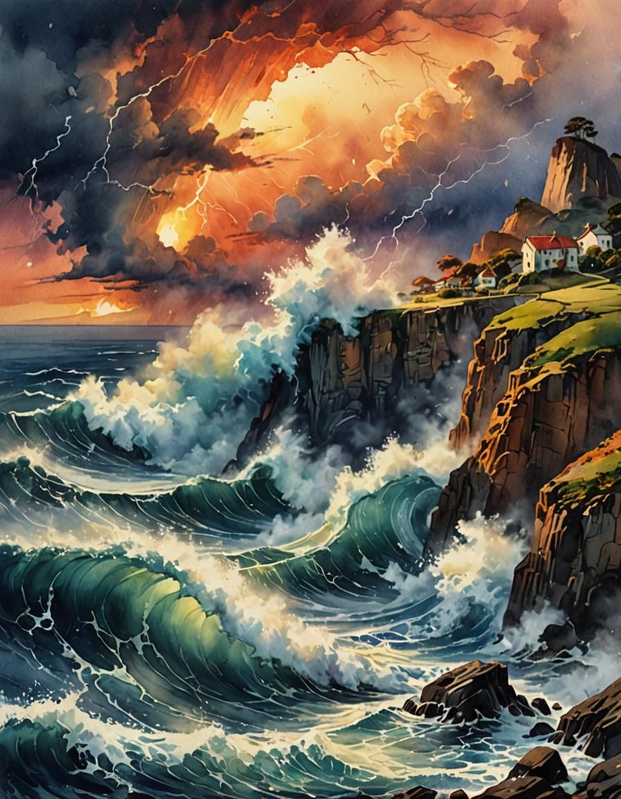 Thunderstorm near the cliff village in watercolor.  by @Lord Falcon