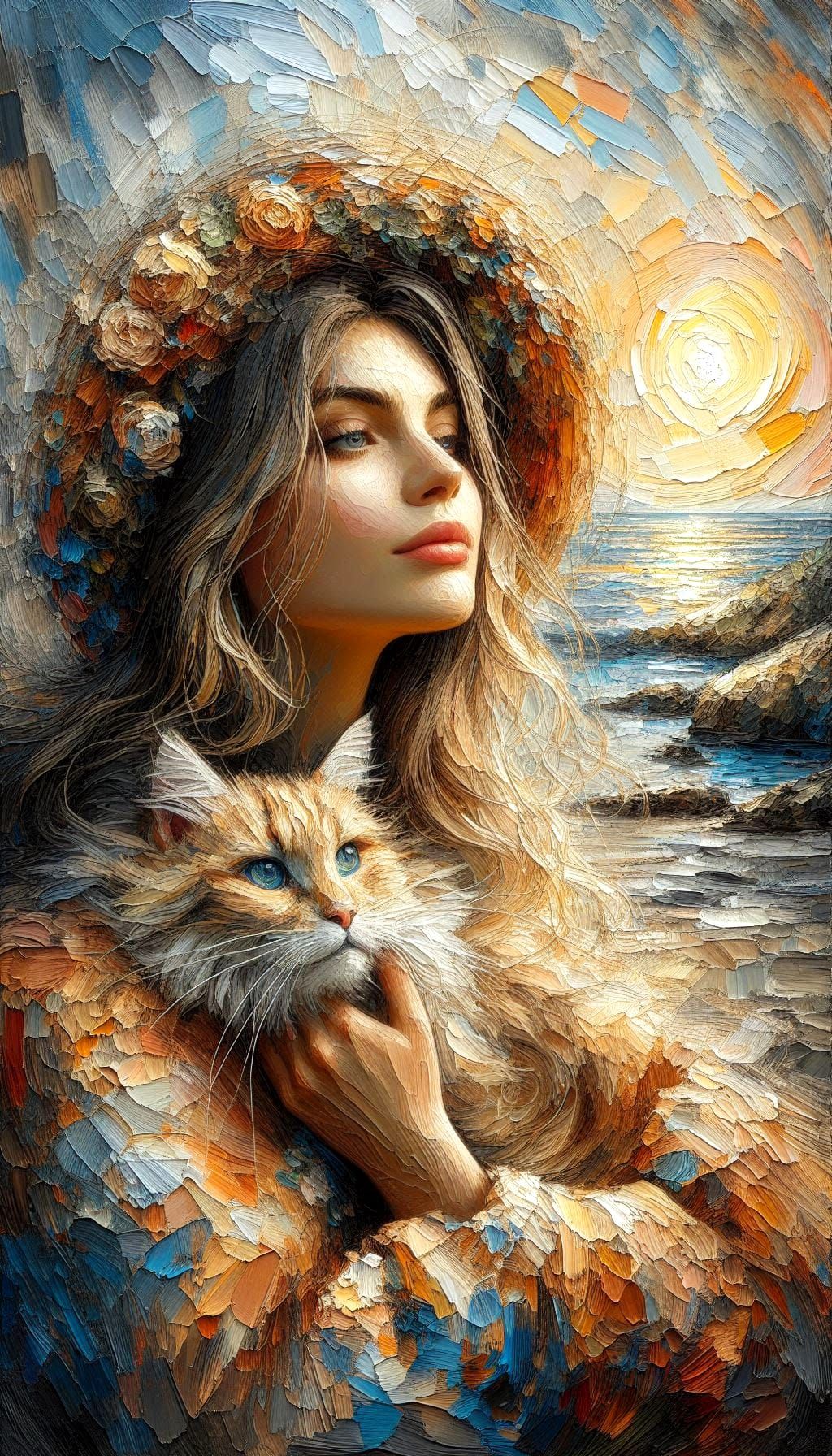 Impasto painting, woman and her cat