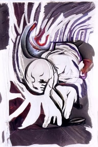person cowering in fetal position while abstract demon shape...