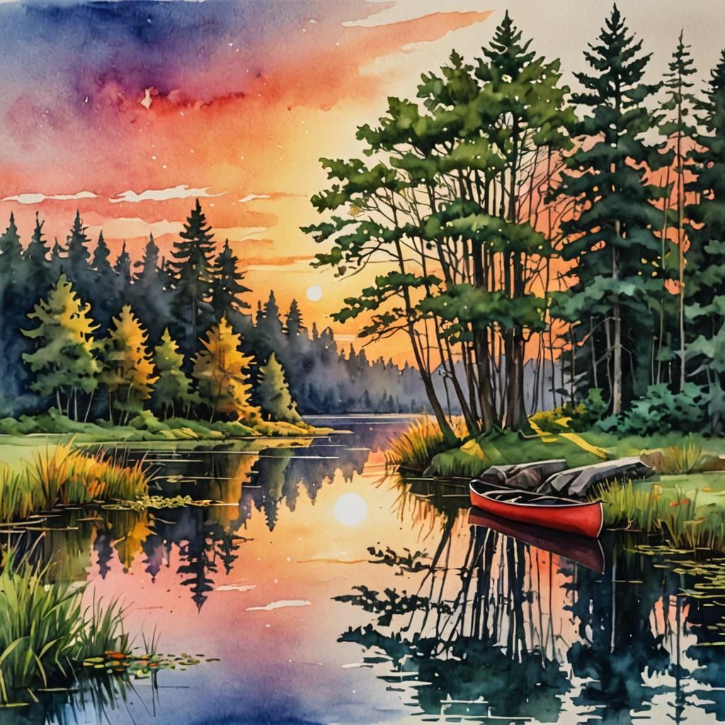 Vivid sunset canoe pond, watercolor  by @Artificial Artistry
