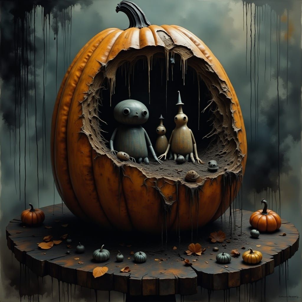 Halloween world inside a rotting pumpkin  black mist oozing out, dim background Sharp, eerie, surreal.  Straw like textures, fragmented styl...