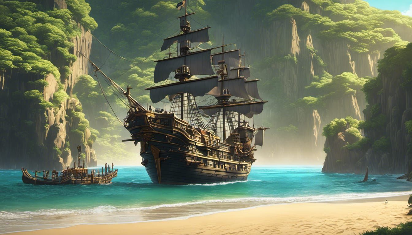 A highly detailed matte painting of a pirate ship in a secret hidden ...