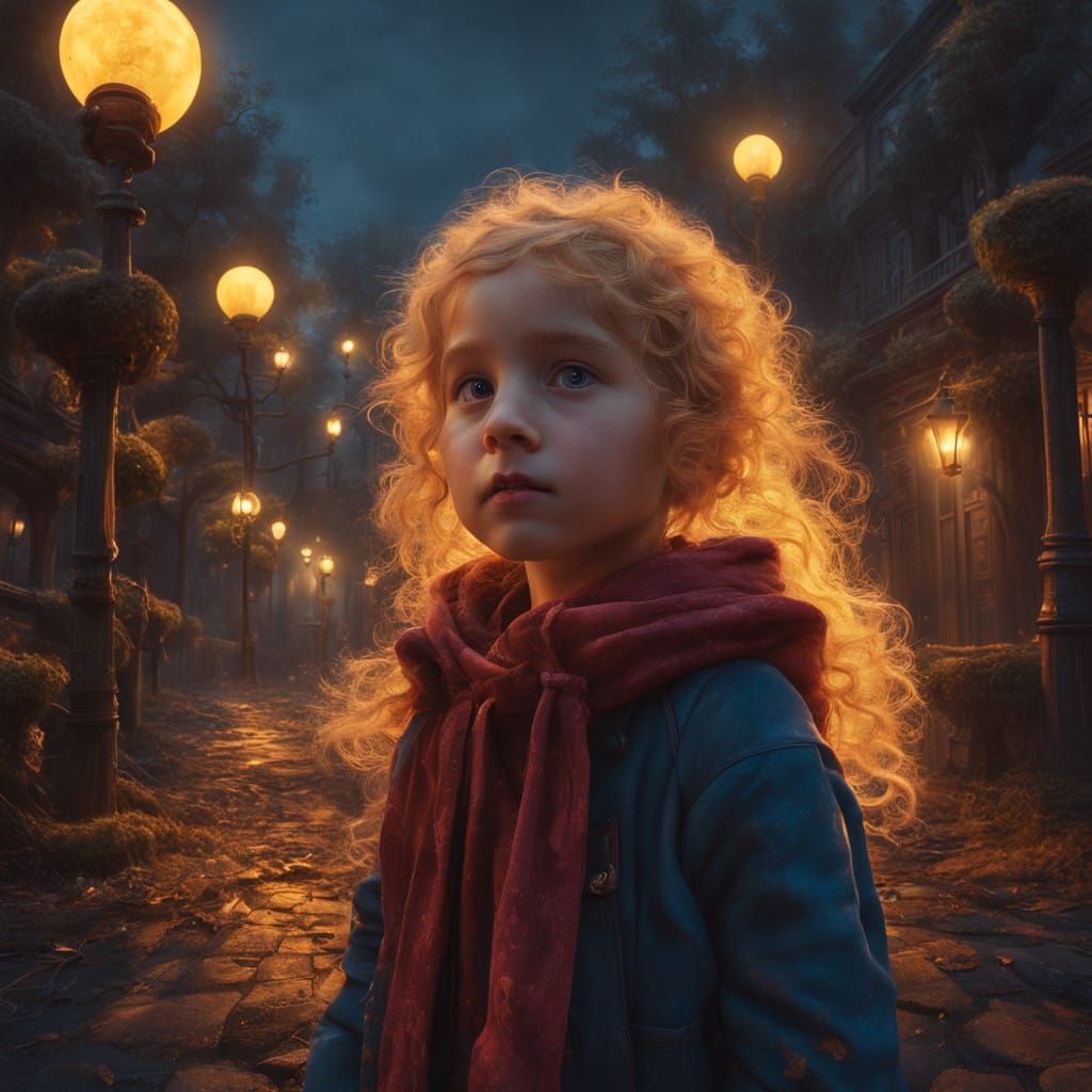 Sweet Girl Seeks Solace in Golden Glow on Mysterious Street