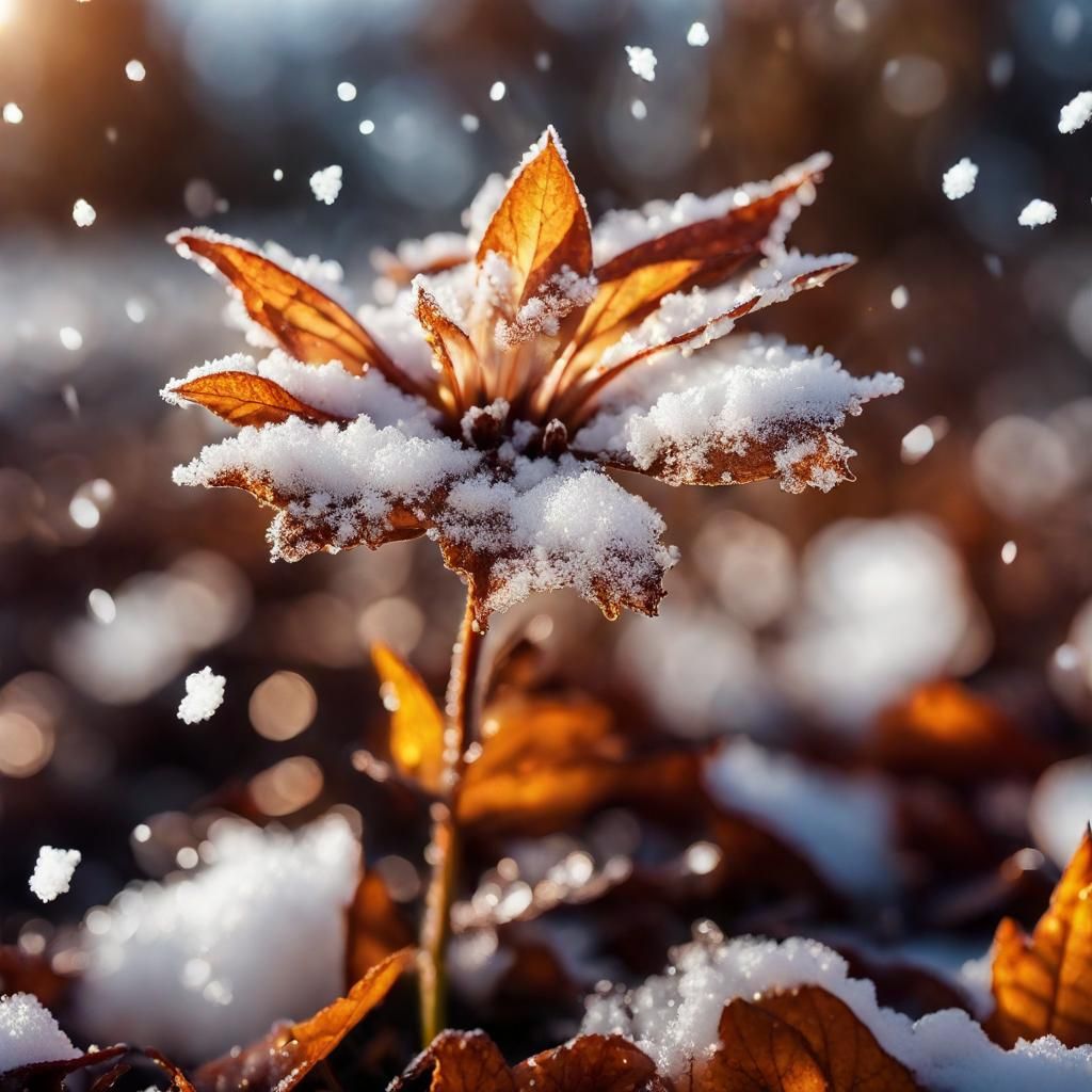 Closeup of a majestic delicate autumn flower with snow falli...