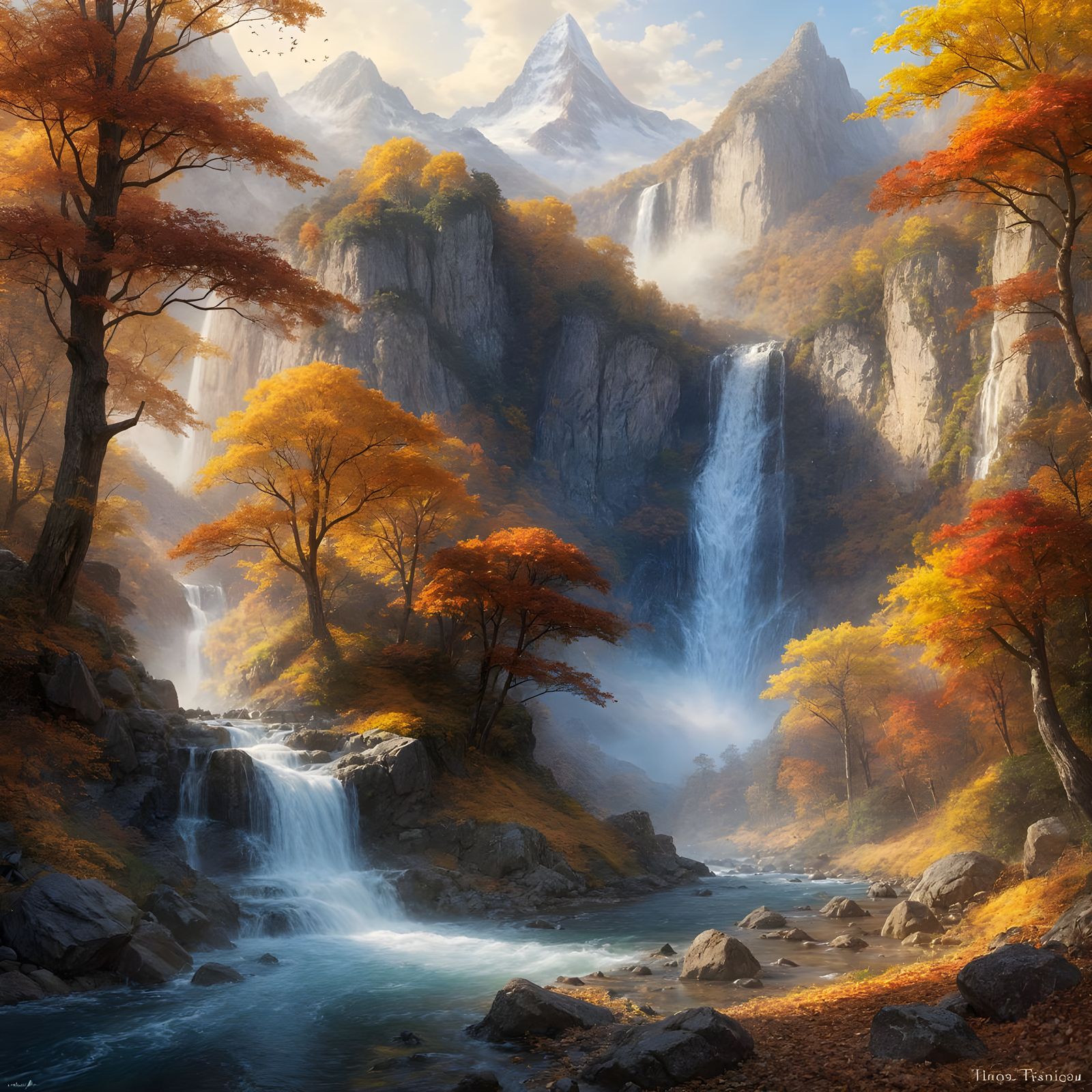 A waterfall of autumn leaves between two mountains,  flowing in to a river of autumn leaves,  yellow, ...  by @Irene