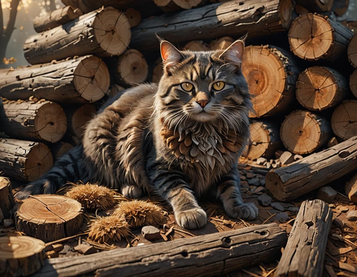 Gray and brown cat camouflages itself on top of a pile of wo...