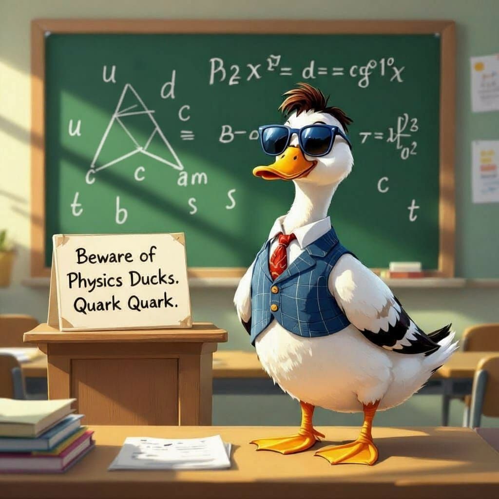 Duck with sunglasses on is standing in front of a chalk board in a class room.  On the chalk board is the symbol for a quark in physics.
On ...