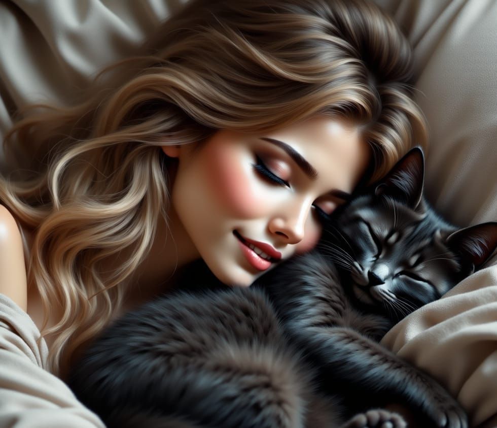 Soothing Scene of a Blonde Woman Cuddling a Mau Cat