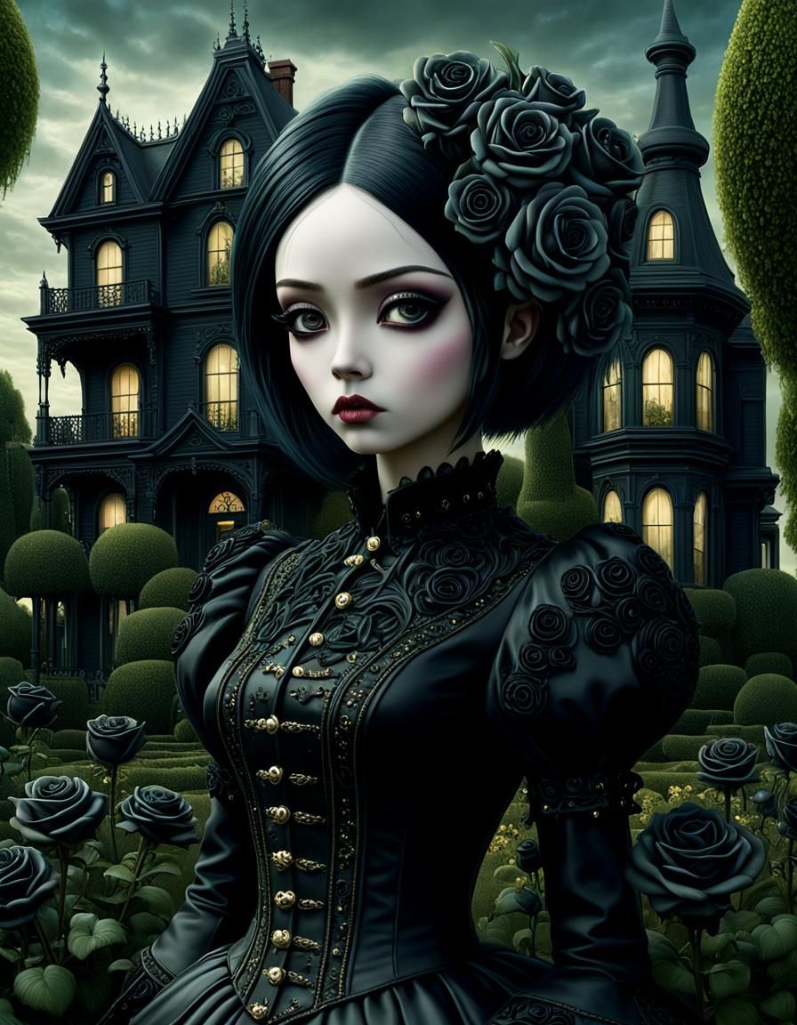 Gothic Punk Woman in Black Rose Garden