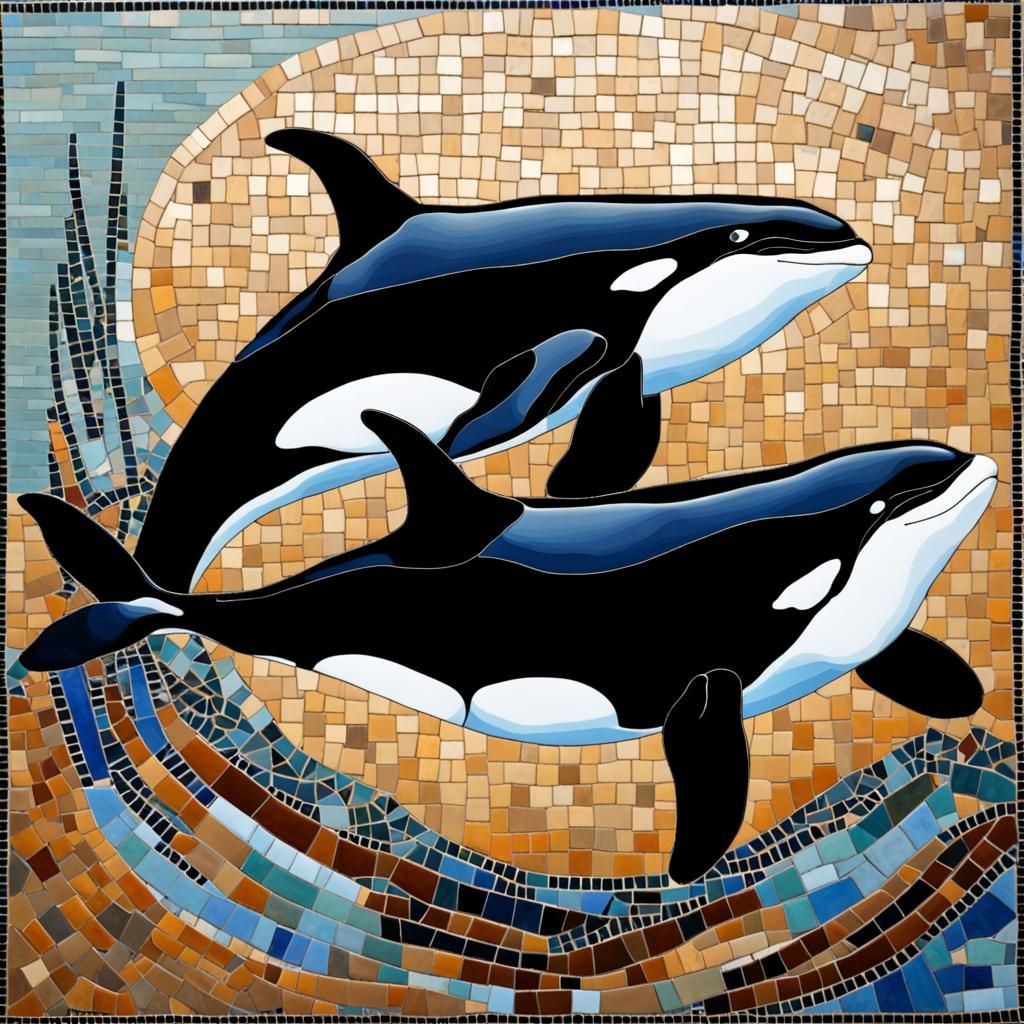Orca and her baby,  mosaic tiling