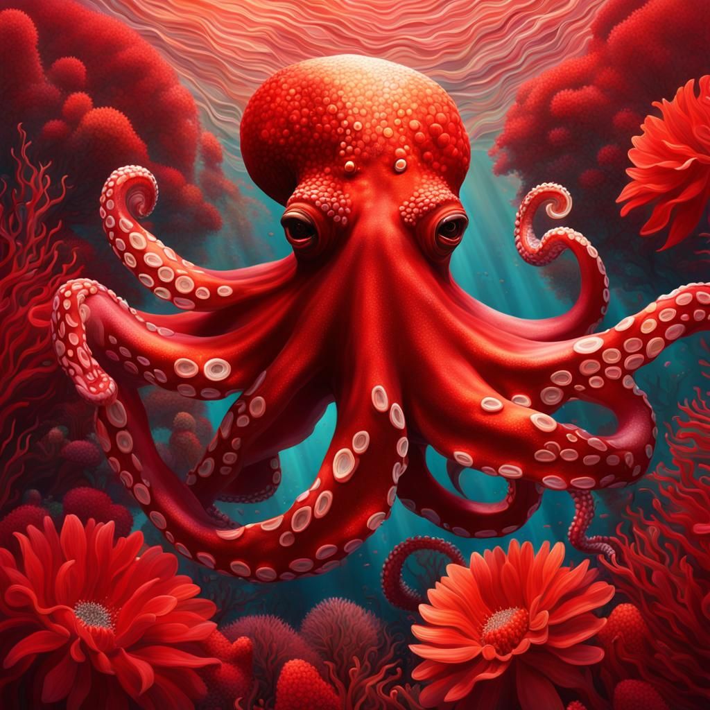 Undersea scene of a huge mysterious Red Octopus, his brother is in the No Red Version   by @Marshas Creative AI Designs