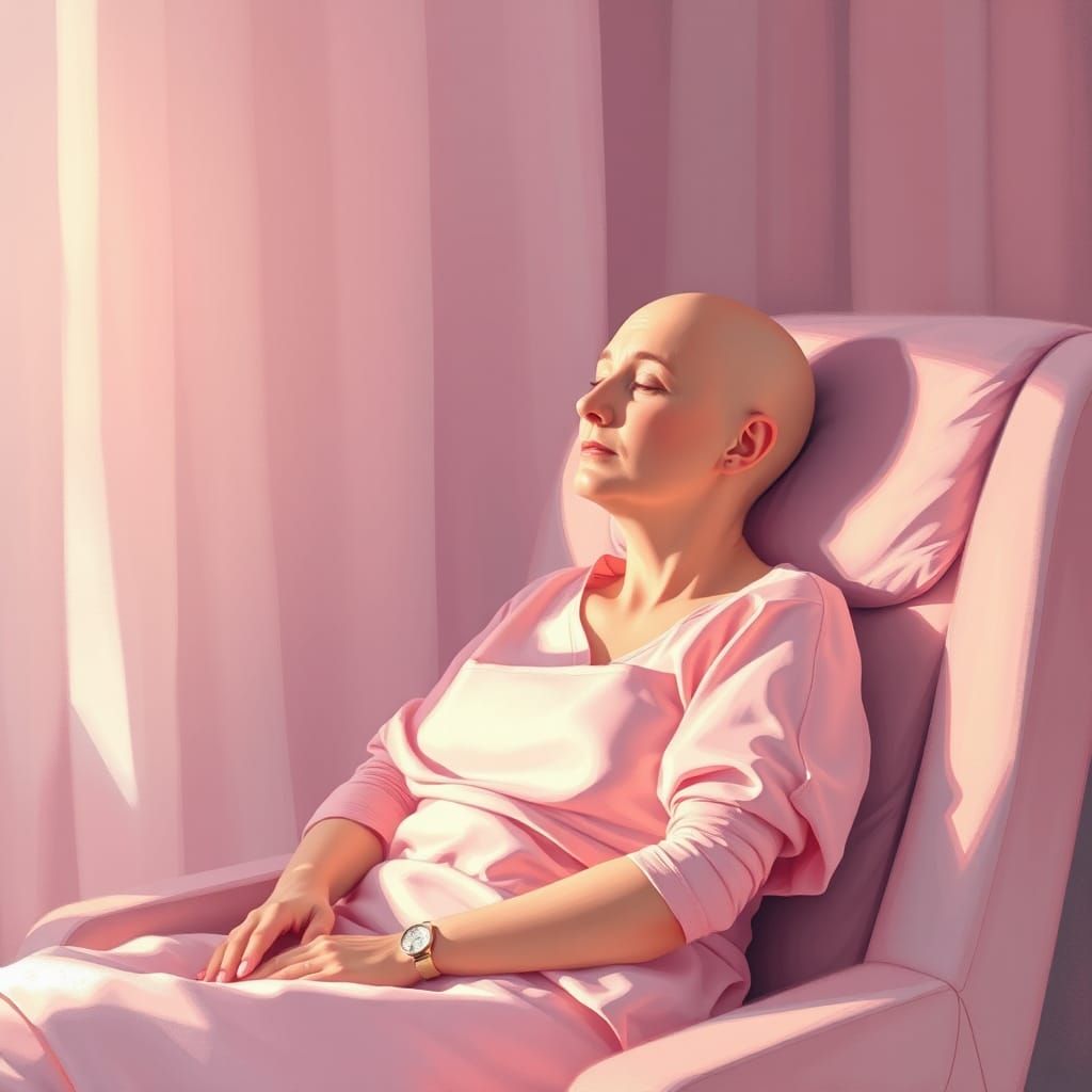 Thoughtful a bald woman having a chemo infusion. Pink colours   by @HarrietM