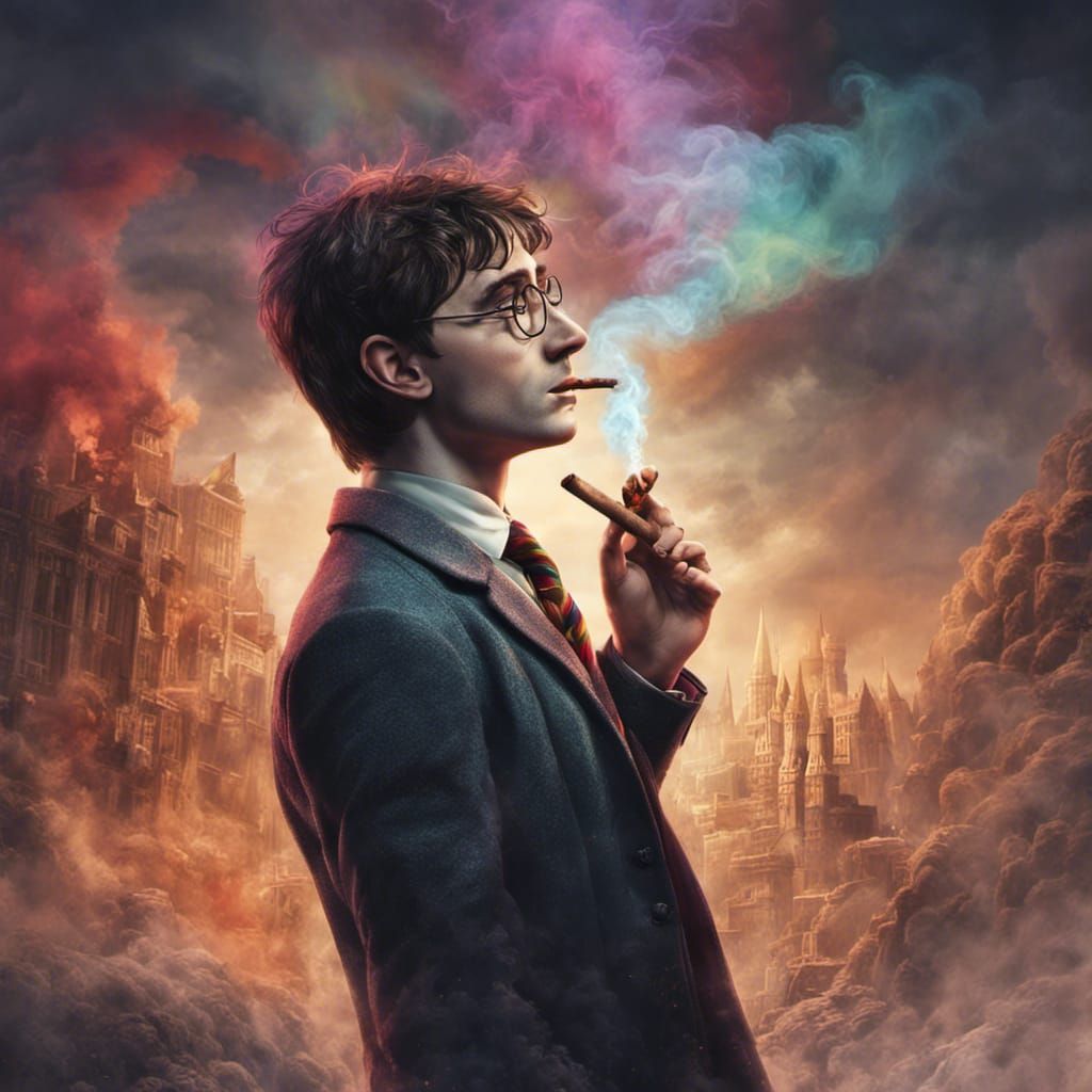 Harry potter smoking a mega cigar, looking tiered, stressed, unhappy